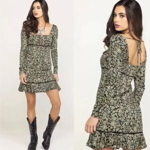 Free People Boheme Black Combo Floral Boho Mini Dress Square Neck